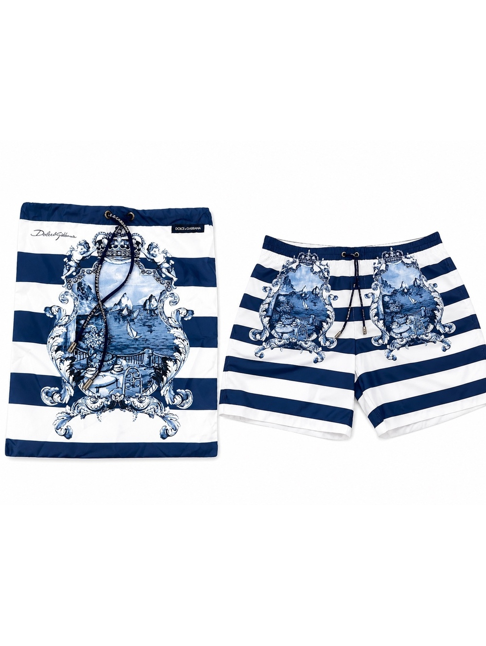 Dolce & Gabbana Capri Print Stripe Swim Shorts Blue White Men XL | NWT